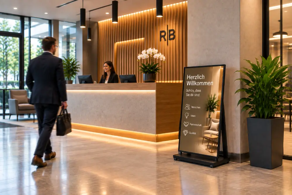 MOVE-MALL Indoor Kundenstopper im Empfangsbereich