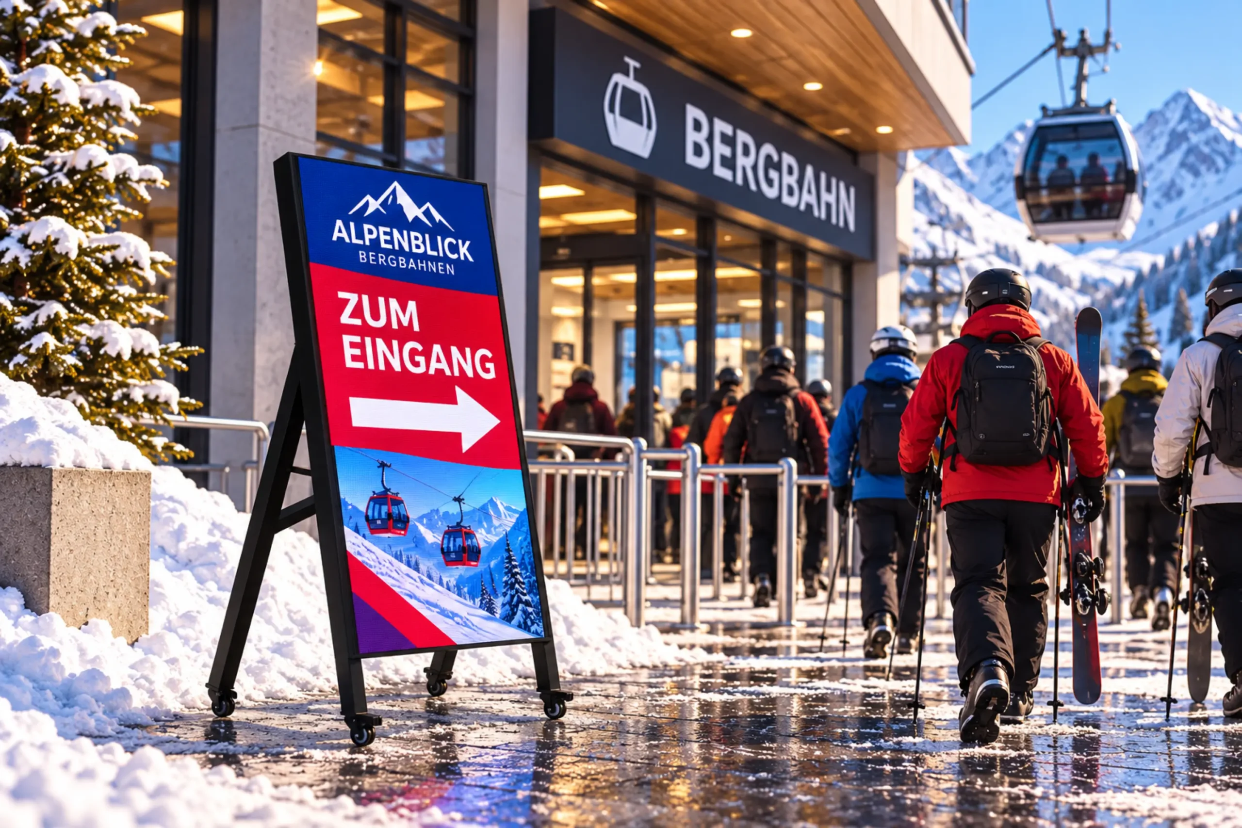 Mobiler LED-Kundenstopper bei Schweizer Bergbahnen