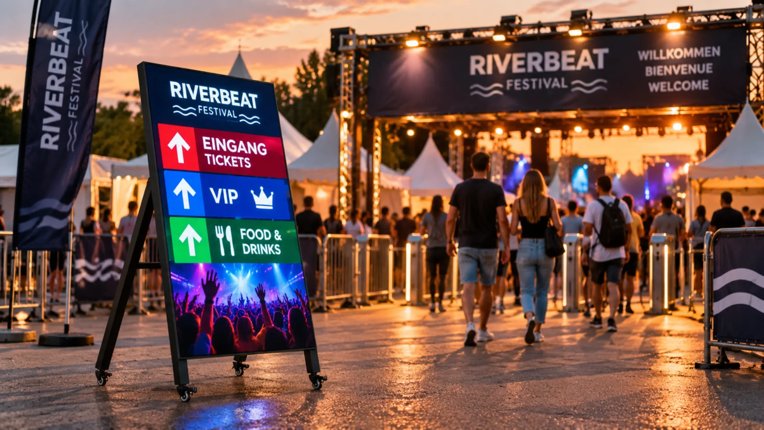 Mobiler Outdoor LED-Kundenstopper bei einem Festival