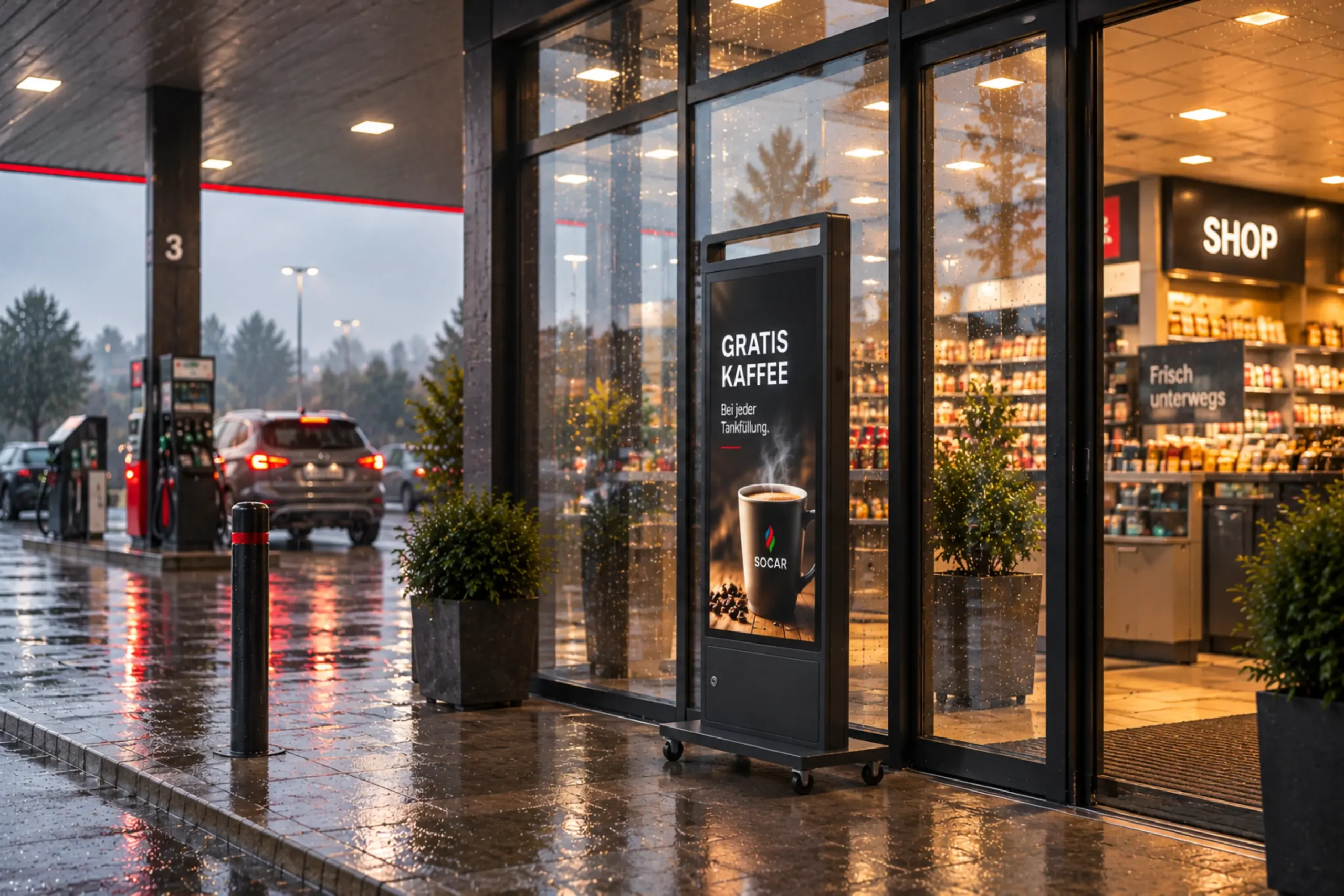 MOVE-PRIME SINGLE IP65 im Regen vor einer Tankstelle