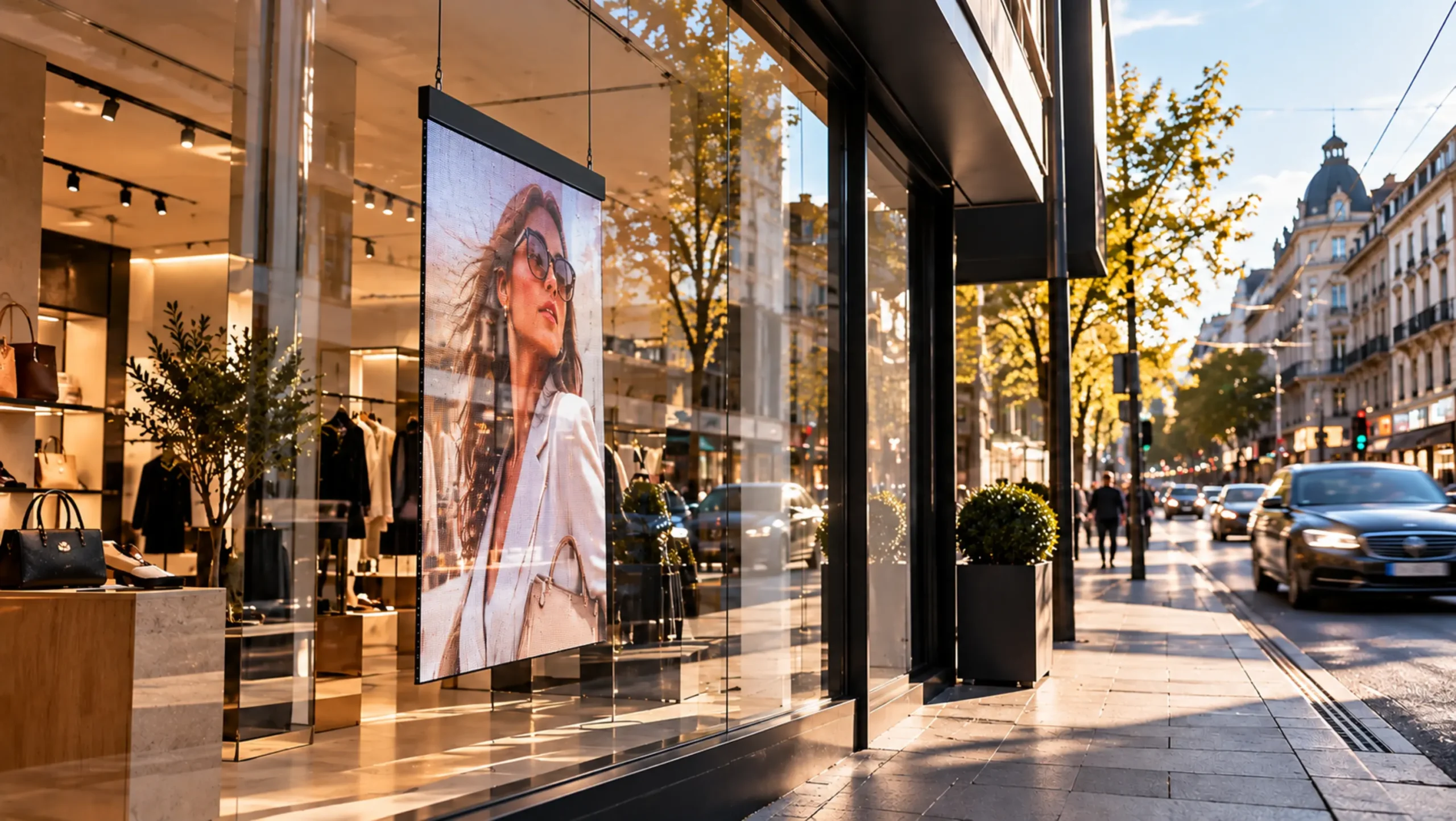 Digitales LCD Schaufensterdisplay hinter Glas im Retail