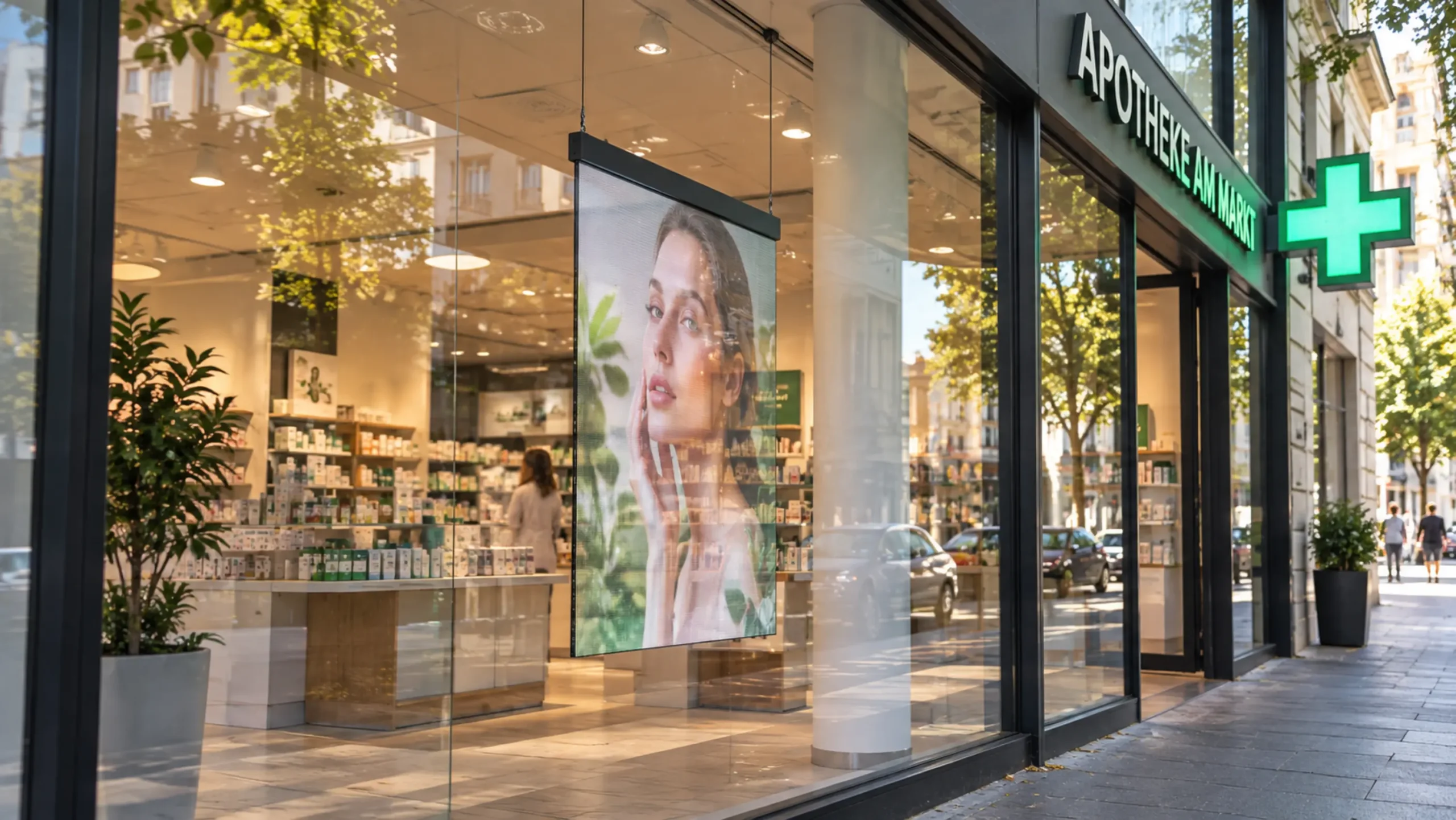 Transparentes LED-Schaufensterdisplay für Werbung nach aussen an modernen Geschäfts- und Glasfronten